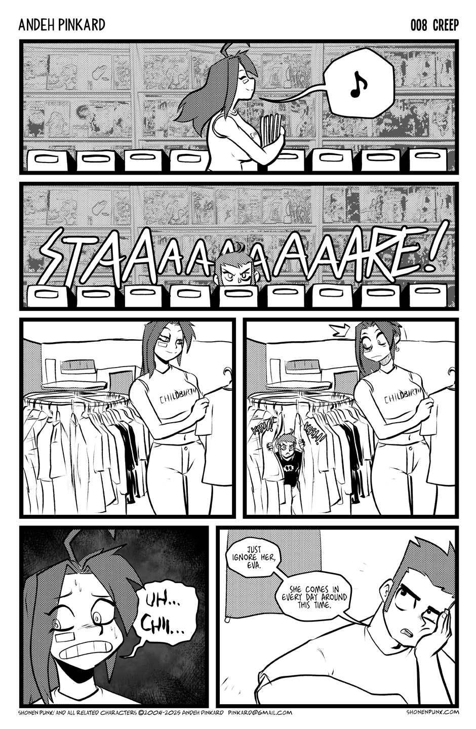Eva is seen putting comics away, and putting shirts on hangers as some mysterious girls creeps in the background/ When Eva notices her, she calls out to Chii, who tells her to ignore her, she's a regular/