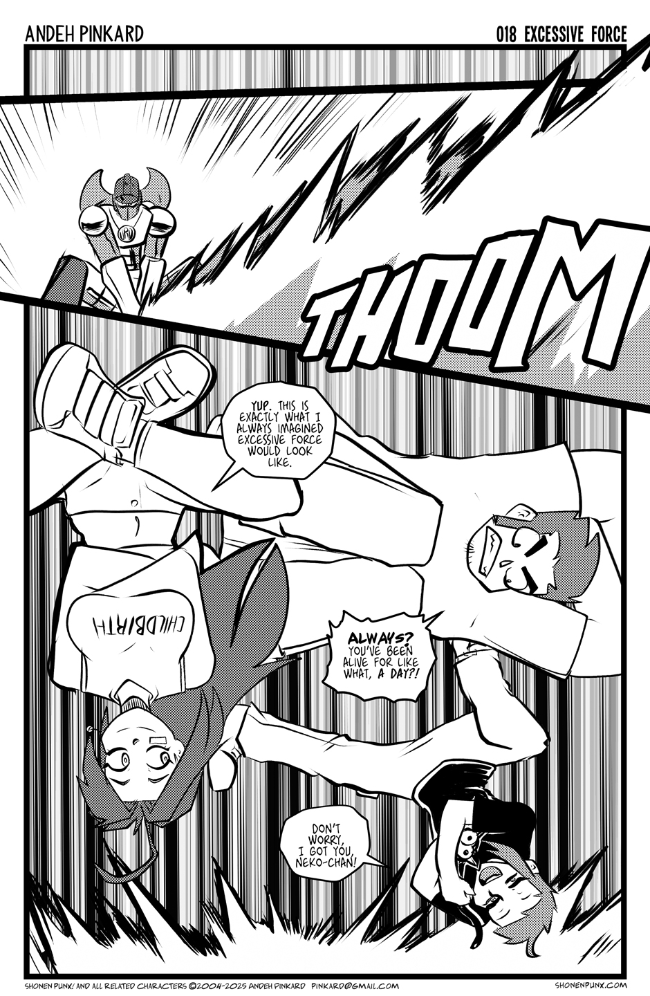The robot sends a powerwave out throwing Chii and the girls into the air