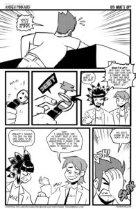 Chiitsu rumages behind the counter, he eventually finds a communicator watch. he calls the pinkada twinz, and we find out Boi did in fact steal Eva's tech from Professor Diaz