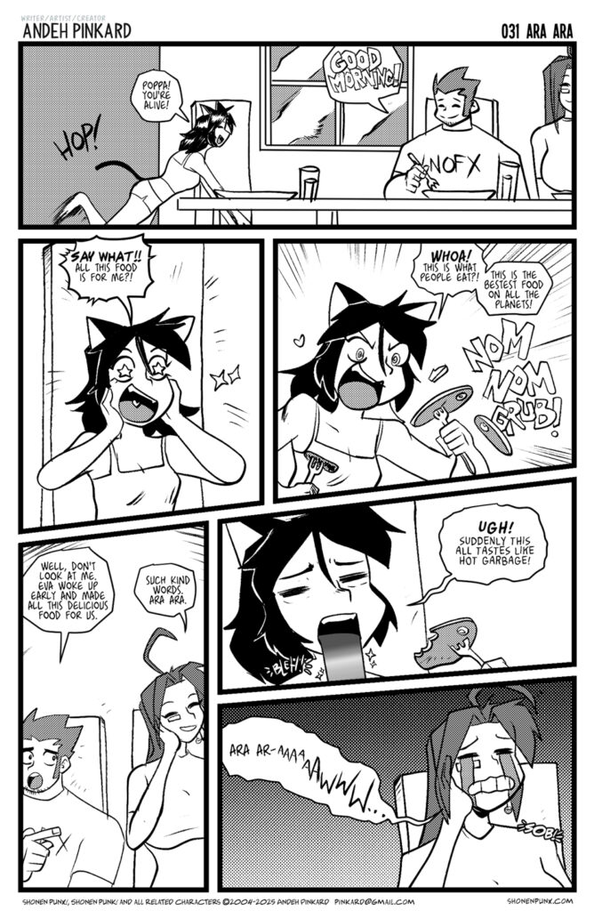 Eva wakes up early to make breakfast. Neko-chan dramatically objects