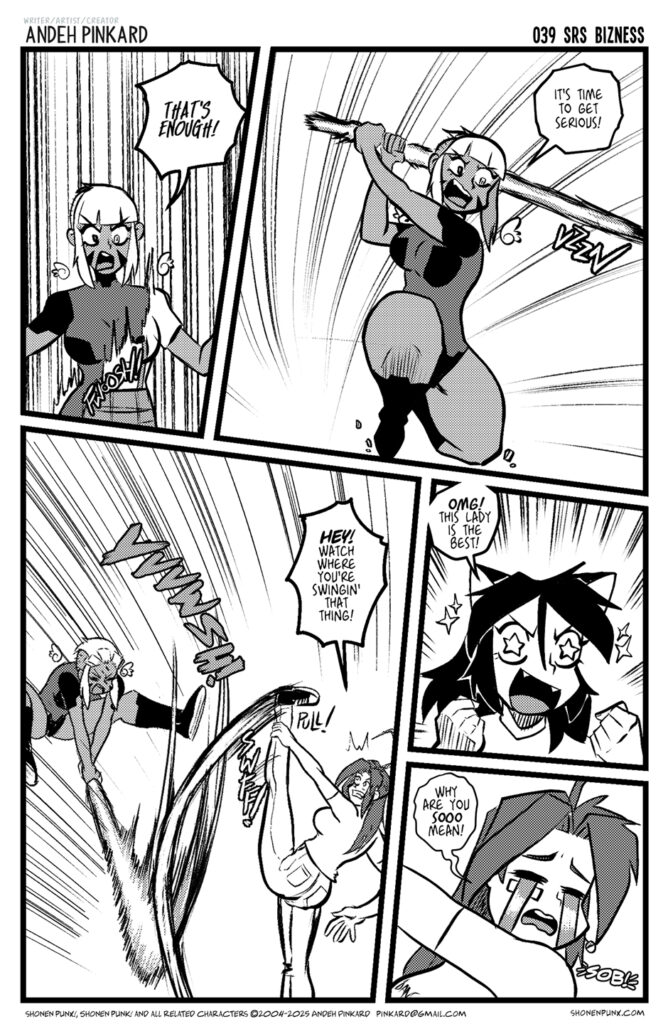 Tenshi gets serious and takes a real swing at Eva. Neko-chan praises Tenshi, much to Eva's disdain.